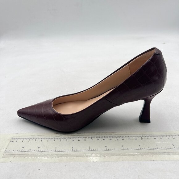 FOWT Brown Solid Croc-Embossed Pointed Toe Women Dressy Slip on MId Heels Pumps - Picture 2 of 8